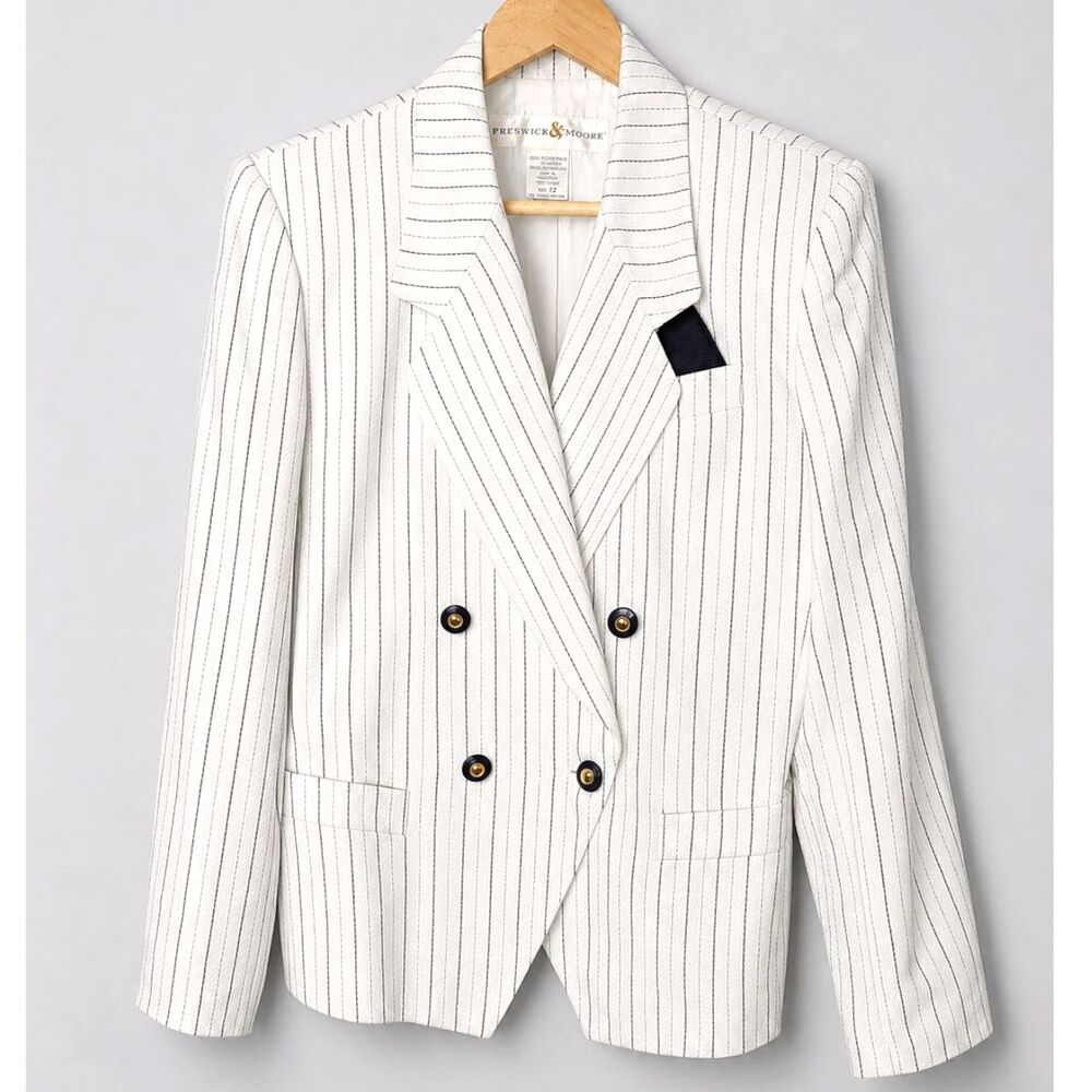 Vintage Preswick & Moore Blazer 12 Cream Navy Pinstripe Double Breasted